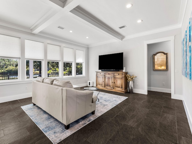 unfurnished living room featuring plenty of natural light, beamed ceiling, and crown molding