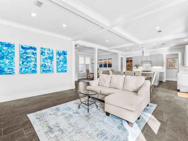 living room with beamed ceiling, crown molding, and coffered ceiling