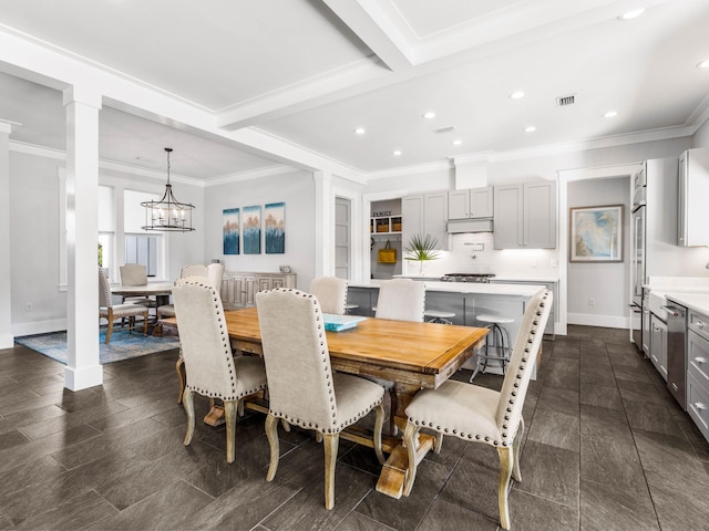 968 Don Bishop Rd, Santa Rosa Beach, FL 32459 - dining space with baseboards, recessed lighting, crown molding, a chandelier, and beamed ceiling