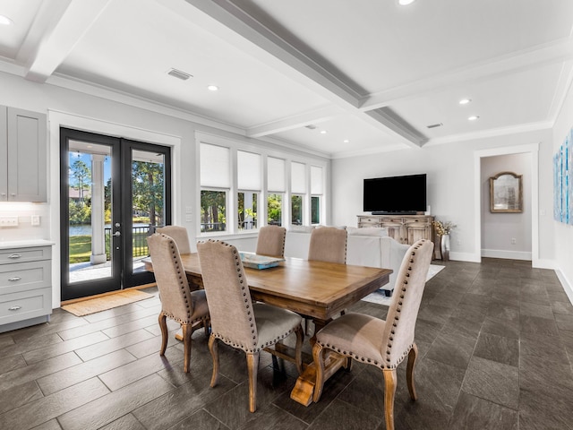 dining room featuring french doors, crown molding, and beam ceiling