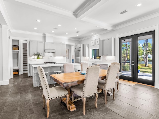 968 Don Bishop Rd, Santa Rosa Beach, FL 32459 - dining area with recessed lighting, french doors, crown molding, and beam ceiling