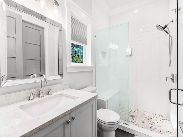 bathroom featuring toilet, vanity, and a shower with shower door