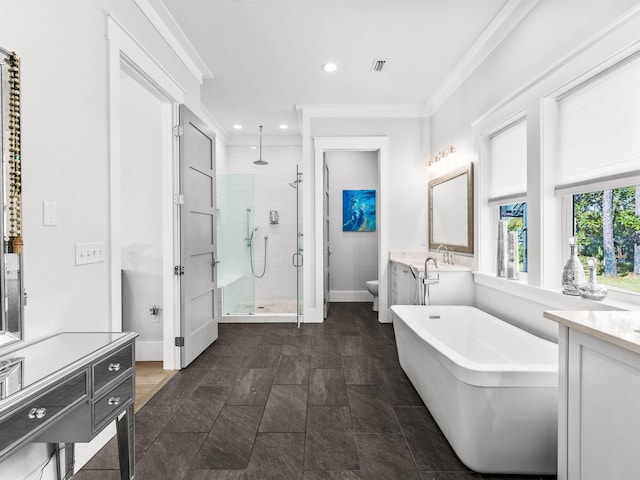 full bathroom featuring wood-type flooring, vanity, plus walk in shower, crown molding, and toilet