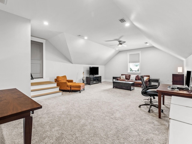 office area with vaulted ceiling, carpet flooring, and ceiling fan