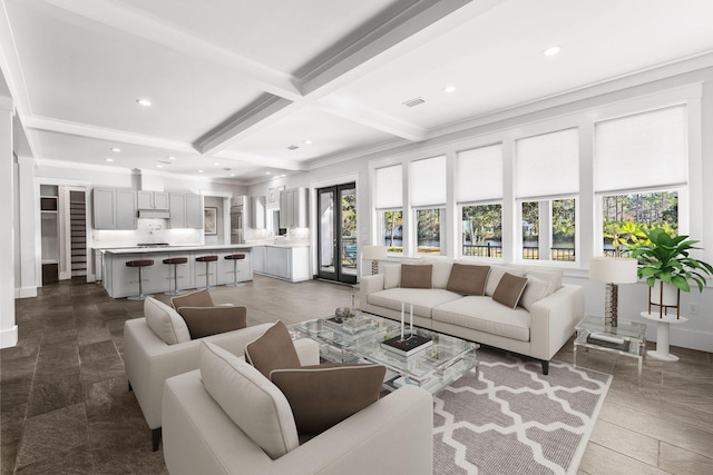 968 Don Bishop Rd, Santa Rosa Beach, FL 32459 - living area featuring beam ceiling, coffered ceiling, ornamental molding, recessed lighting, and baseboards