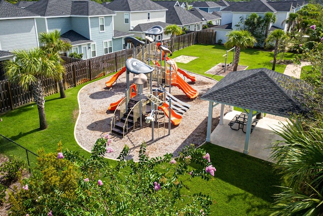 view of playground with a gazebo and a yard