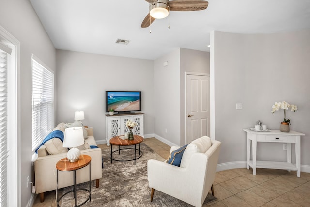 living area with tile patterned floors, visible vents, a ceiling fan, and baseboards