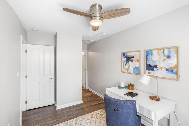 home office with visible vents, a ceiling fan, baseboards, attic access, and dark wood-style flooring