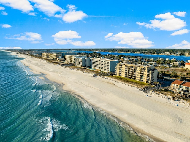 aerial view featuring a beach view and a water view