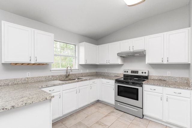 kitchen featuring light stone counters, sink, white cabinets, lofted ceiling, and stainless steel electric stove