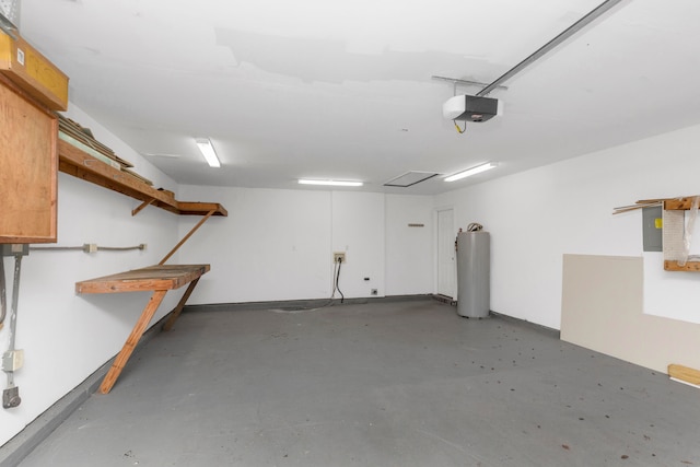 garage with a garage door opener, electric panel, and water heater