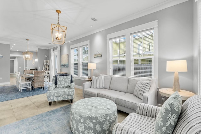 tiled living room featuring ornamental molding and a notable chandelier