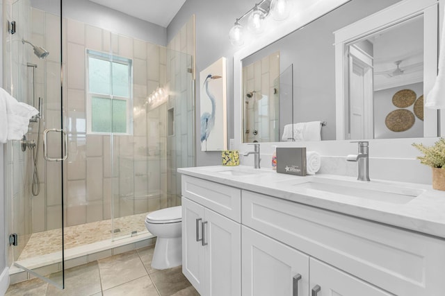 bathroom featuring walk in shower, vanity, toilet, and tile patterned floors