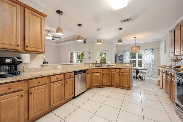 kitchen featuring kitchen peninsula, appliances with stainless steel finishes, ornamental molding, light stone countertops, and decorative light fixtures