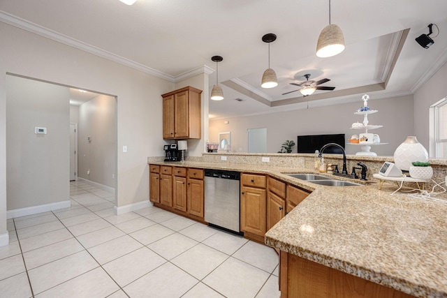 kitchen featuring kitchen peninsula, sink, dishwasher, and ornamental molding