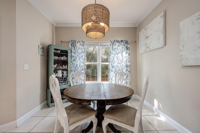 tiled dining room with crown molding