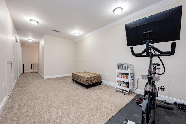 exercise room featuring a textured ceiling and carpet