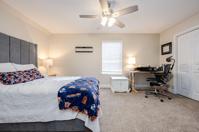 bedroom featuring ceiling fan, carpet flooring, and a closet