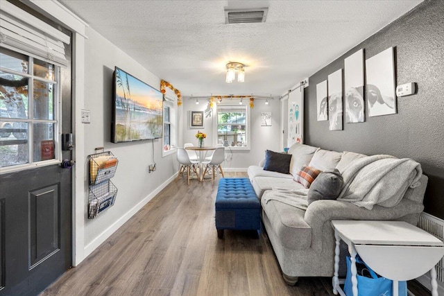 living room featuring a textured ceiling and hardwood / wood-style flooring