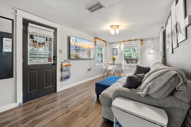 living room featuring wood-type flooring and a textured ceiling