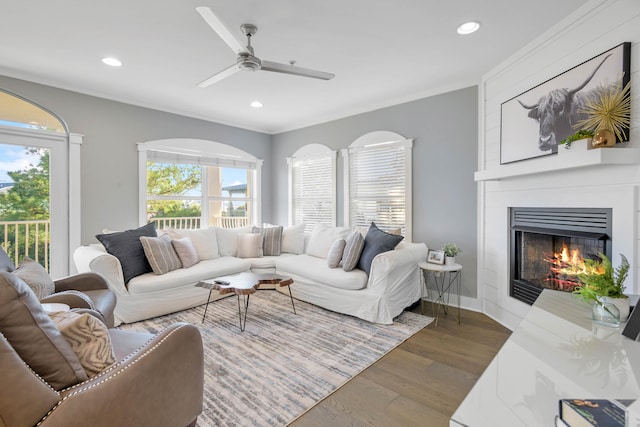 living room with ornamental molding, ceiling fan, hardwood / wood-style floors, and a large fireplace