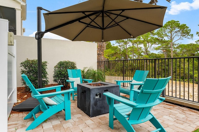 view of patio / terrace featuring a fire pit