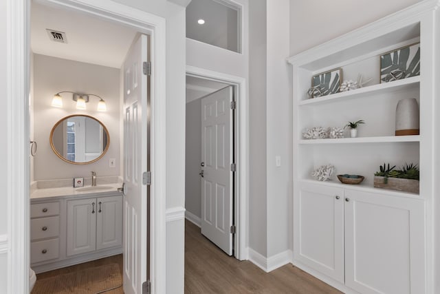 bathroom with vanity, wood-type flooring, and built in features