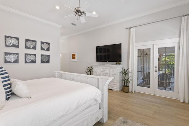 bedroom featuring french doors, access to exterior, ornamental molding, light wood-type flooring, and ceiling fan