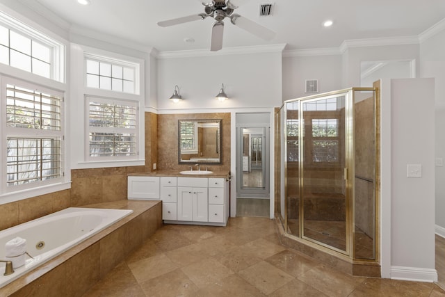 bathroom featuring ceiling fan, crown molding, separate shower and tub, and vanity