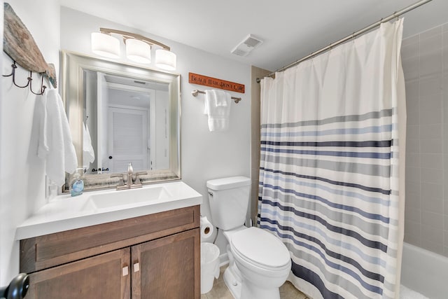 full bathroom featuring toilet, shower / tub combo, and vanity