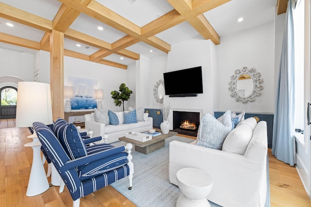 48 Paradise By The Sea Blvd, Inlet Beach, FL 32461 - living room with coffered ceiling, beam ceiling, light wood-type flooring, a warm lit fireplace, and recessed lighting