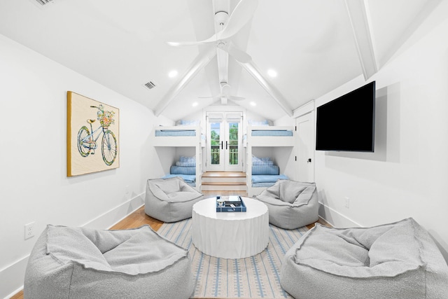 48 Paradise By The Sea Blvd, Inlet Beach, FL 32461 - living area with wood finished floors, a ceiling fan, french doors, lofted ceiling, and baseboards