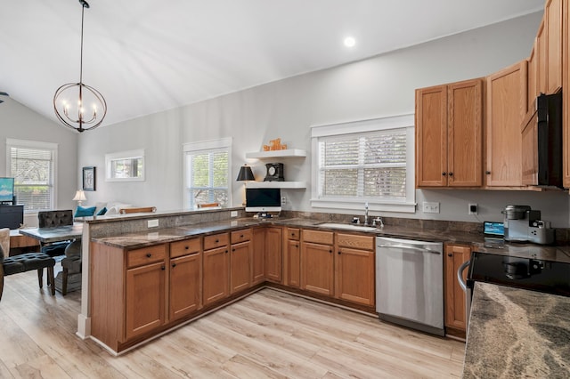 kitchen with stainless steel dishwasher, plenty of natural light, and light hardwood / wood-style flooring