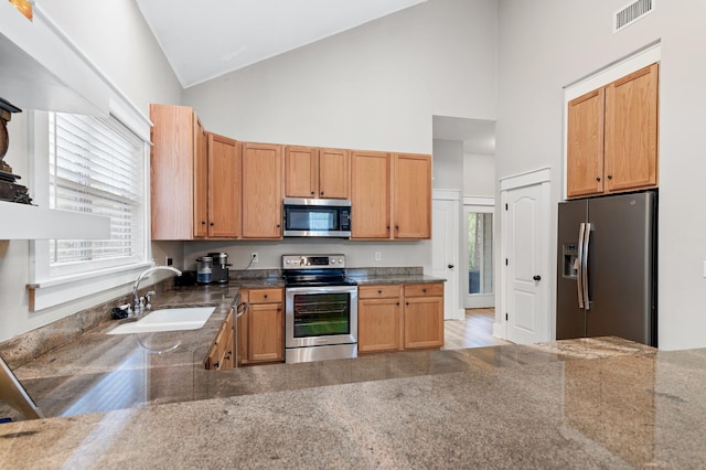 kitchen with high vaulted ceiling, appliances with stainless steel finishes, sink, and light hardwood / wood-style flooring