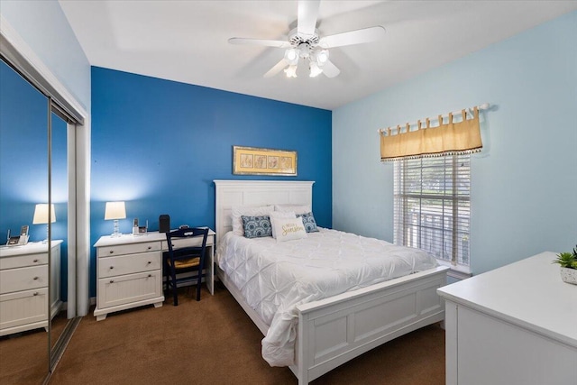 carpeted bedroom with ceiling fan