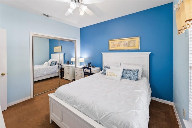 bedroom with ceiling fan, a closet, and carpet