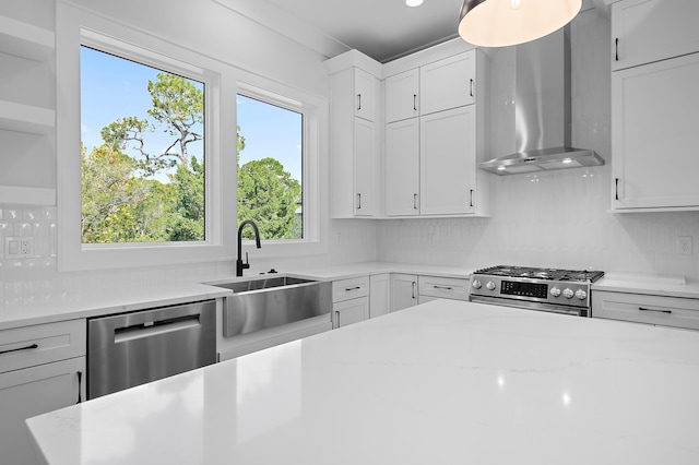 kitchen featuring white cabinets, wall chimney range hood, sink, and appliances with stainless steel finishes