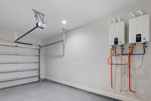 garage featuring a garage door opener and tankless water heater