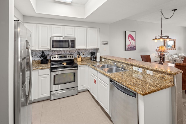 kitchen featuring stainless steel appliances, white cabinets, kitchen peninsula, decorative backsplash, and sink