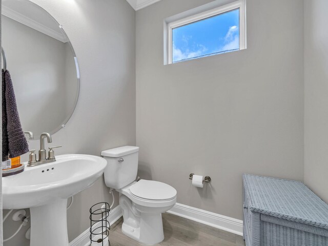 bathroom with crown molding, hardwood / wood-style flooring, toilet, and sink