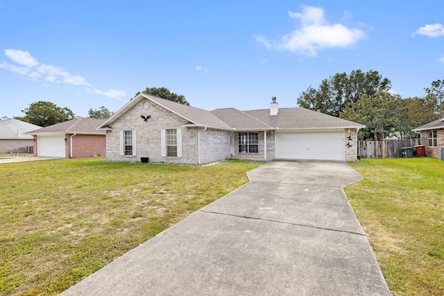 ranch-style home featuring a garage and a front lawn