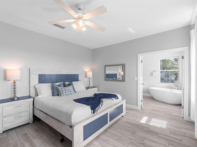 bedroom featuring ceiling fan and light hardwood / wood-style flooring