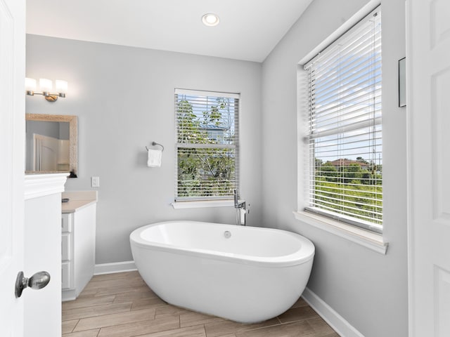 bathroom featuring a bath, wood-type flooring, plenty of natural light, and vanity