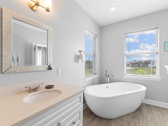 bathroom with hardwood / wood-style floors, a tub to relax in, and vanity