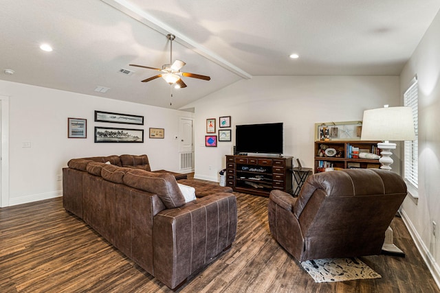 living room with dark wood-type flooring, vaulted ceiling with beams, and ceiling fan