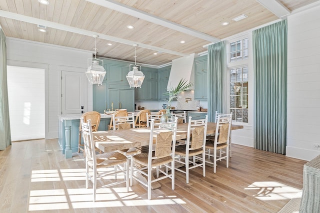 dining space featuring a chandelier, light wood-type flooring, wooden walls, and wood ceiling