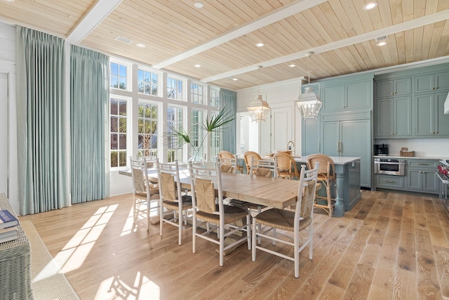 dining area featuring beam ceiling, wood ceiling, and light wood-type flooring