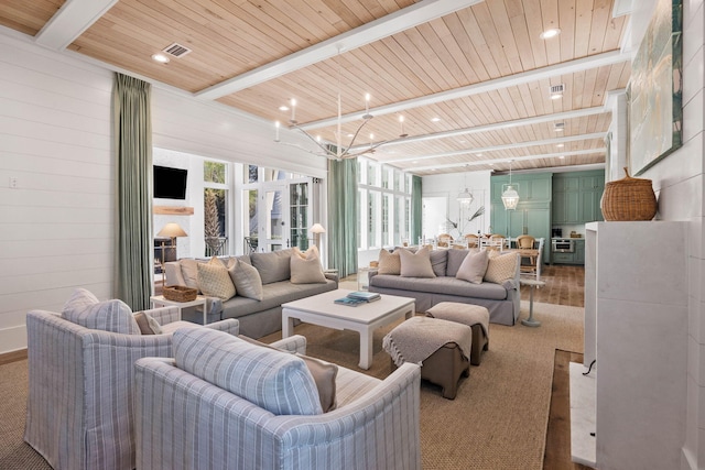 living room with beam ceiling, a chandelier, wood ceiling, and hardwood / wood-style flooring