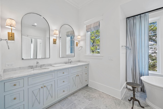 bathroom featuring vanity, a tub to relax in, crown molding, and a healthy amount of sunlight