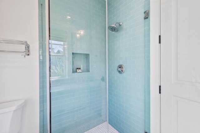 bathroom with toilet and tiled shower